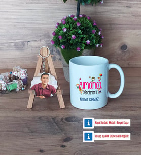 Almanca Öğretmeni Kupa Bardak Beyaz ve Fotoğraflı Ahşap Anahtarlık Hediye (Model 1)