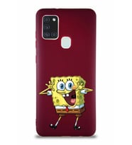 Samsung Galaxy A21S Soft Premier Kapak Sünger Bob Tasarımlı Silikon Kılıf - Mürdüm (Şeffaf)