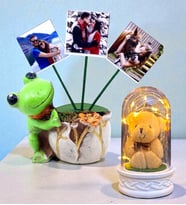 Sizlere Özel Hediye Seti 3 Fotoğraflı Kurbağa Tasarımlı Saksı ve Led Işıklı Fanus (Model 6)