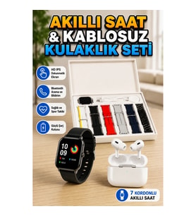 7 Kordonlu Akıllı Saat ve Kablosuz Kulaklık Seti 2.09 İnç HD IPS Ekran Bluetooth Android iOS Uyumlu