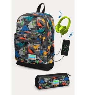 Coral High Kids Koyu Gri Siyah Kamuflaj Dinozor Desenli USB'li 2'li Okul Çanta Seti - Erkek Çocuk