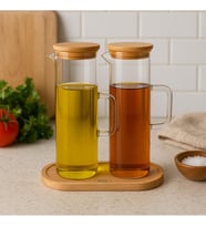 Lavino 3 Parça 400 ml Borosilikat Yağlık - Bambu Altlık ve 2 Adet Bambu Kapaklı Cam Yağdanlık