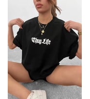 Unisex Bisiklet Yaka Baskılı Oversize T-Shirt - Siyah