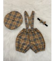 BURBERRY BEJ ERKEK ÇOCUK/BEBEK ASKILI ŞORT SALOPET & RESSAM ŞAPKASI & PAPYON TAKIM- PASTA PATLATMA-DOĞUM GÜNÜ KIYAFETİ