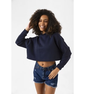 Basic Lacivert Kapüşonlu Crop Sweatshirt