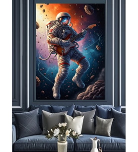 Uzayda Gitar Çalan Astronot Sanatı Dekoratif Kanvas - Mdf Ahşap Tablo