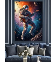 Uzayda Gitar Çalan Astronot Sanatı Dekoratif Kanvas - Mdf Ahşap Tablo