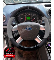 Ford Connect Dikme Direksiyon Kılıfı Delikli Deri Parlak Siyah Gri Detay Çift Yüzük ve Dikiş 2006-2013