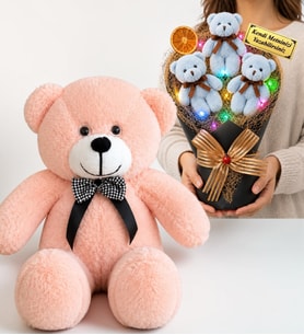 Kişiye Özel Yazılı Mavi Renkli LED Işıklı Peluş Ayıcık Buketi ve 50 cm Pembe Peluş Ayıcık Hediye Seti