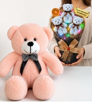 Kişiye Özel Yazılı Mavi Renkli LED Işıklı Peluş Ayıcık Buketi ve 50 cm Pembe Peluş Ayıcık Hediye Seti