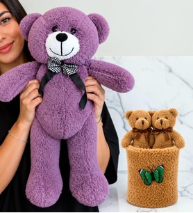 Büyük Boy Mor Peluş Ayıcık ve Peluş Saksıda Ayıcık Buketi Sevgiliye Kadına Arkadaşa Hediye