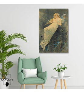 Tekli Dikey Kanvas Alphonse Mucha İris Çiçekleriyle Elf