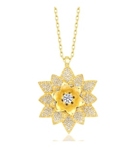 Gümüş Gold Beyaz Taşlı Lotus Çiçeği Kadın Kolye