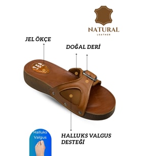 Sermoda Hakiki Deri Kadın Terlik - Halluks Valgus Destekli Jel Taban Kadın Terlik Taba