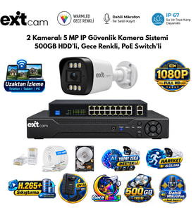 ExitCam 2 Kameralı 5MP IP PoE Güvenlik Kamera Seti – 500GB HDD Takılı, Gece Renkli, 100 Metre Kablolu