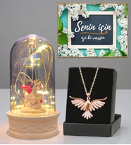 Led Işıklı Biblolu Fanus ve Gerçek Ametist Taşlı Zümrüdü Anka Kuşu Kolye (Model 1)