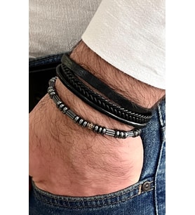 Siyah&Gri Renk %100 Deri-Hematit 4Lü Kombin Erkek Bileklik Seti 21 cm (Türk El Üretimi)