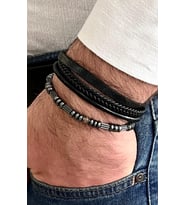 Siyah&Gri Renk %100 Deri-Hematit 4Lü Kombin Erkek Bileklik Seti 21 cm (Türk El Üretimi)