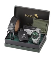 Polo Air Mercek Takvimli Erkek Kol Saati Cüzdan Kemer Kartlık Parfüm Kombin Gümüş Yeşil Renk PL-0989E3 (Yeşil-Grı)