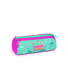 CORAL HIGH 22315 SU YEŞİLİ NEON PEMBE FLAMİNGO DESENLİ ÜÇ BÖLMELİ KALEM ÇANTASI