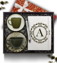 Kişiye Özel Beyaz Defter & Haki Çay Fincanı & Haki Kahve Fincanı & Kalem Hediye Seti