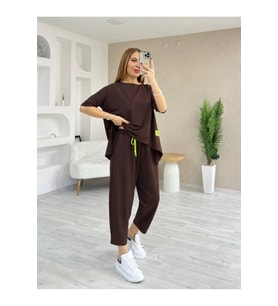 Kadın Kısa Kollu Bisiklet Yaka Viskon Iki Iplik Bluz Ve Pantolon Ikili Takım