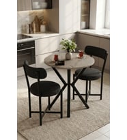 Mutfak Masası 70 Çap 2 Sandalyeli Traverten Görünümlü Balkon Bahçe Cafe Masa Seti Teddy 9842 Gri