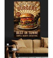 Daily Fresh Burgers Retro Yemek Afişi Dekoratif Kanvas - Mdf Ahşap Tablo