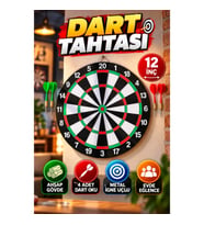 12 İnç Ahşap Dart Tahtası – 4 Metal İğne Uçlu Dart Oku Dahil