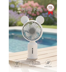 Torima Şarjlı El Vantilatörü Ayıcık Kulaklı 2 Kademeli Işıklı Mini Fan F12 Beyaz