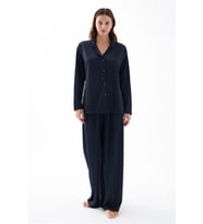 Kadın Lacivert Oversize Saten Pijama Takımı – Rahat Kesim Şık Ev Giyim Seti
