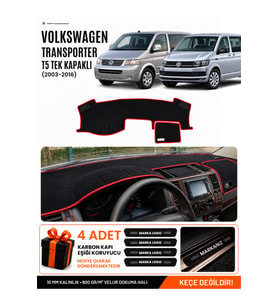 VOLKSWAGEN TRANSPORTER T5 TEK KAPAKLI (2003-2016) Uyumlu Torpido Örtüsü Torpido Kılıfı - Siyah Kırmızı