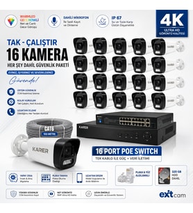 EXİTCAM 16 Kameralı 5MP IP PoE Güvenlik Seti – 16 Kanal NVR, 1 TB HDD, Renkli Gece Görüşü, Ses Kaydı, İnsan ve Plaka Algılama