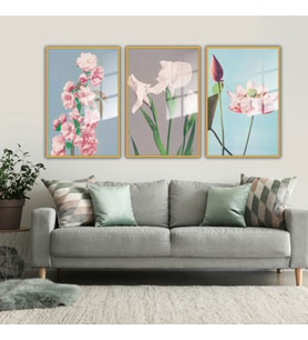 3'lü Metal Çerçeveli Cam Tablo Seti Soft Pembe ve Beyaz Çiçekler (Gold)