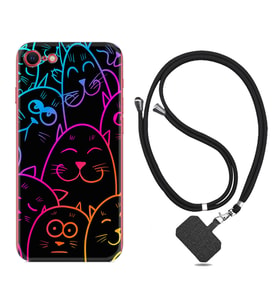 Apple iPhone 5 6 7 8 Plus Se XR Kılıf Boyun Askılı Silikon Neon Cats 1790