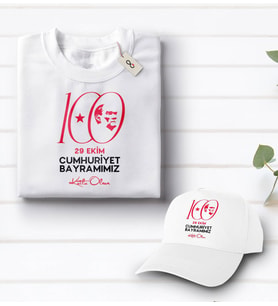 BK Gift 100. Yıl Hatırası Beyaz Tişört ve Şapka Hediye Seti-4, 29 Ekim Hediyesi, Cumhuriyet Bayramı, 100.Yıl Hediyesi
