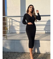 Kadın Uzun Kollu Kruvaze Yaka Büzgü Ve Balon Kol Detay Simli Krep Kumaş Maxi Boy Elbise (Siyah)