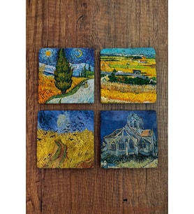 Doğal Taş Bardak Altlığı Vinced Van Gogh Eserleri Baskılı Baskılı 4'lü Set 10x10x1cm