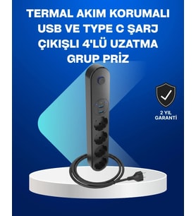 Akıllı Akım Dengelemeli 4’lü Çoklu Priz Type-c Ve Usb Çıkışlı