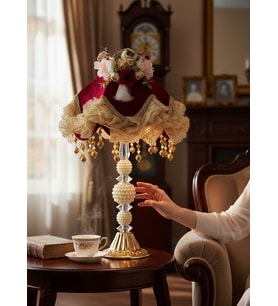 Kadife Kaplı El Yapımı Bordo Başlık İncili Gold Ayak Klasik Vintage Abajur 50x25CM