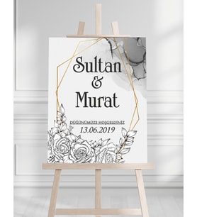 Söz Nişan Düğün İçin 50x70 Karşılama Panosu - Gri Renkli Çiçek Tasarımlı
