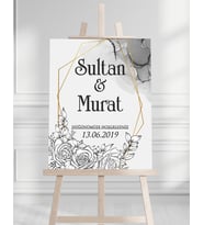 Söz Nişan Düğün İçin 50x70 Karşılama Panosu - Gri Renkli Çiçek Tasarımlı