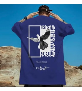 AMOR MAN ÖZEL TASARIM BEYAZ GÜVERCİN SIRT BASKILI OVERSİZE SOKAK MODASI ERKEK T-SHIRT (Mavi)