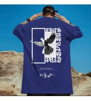 AMOR MAN ÖZEL TASARIM BEYAZ GÜVERCİN SIRT BASKILI OVERSİZE SOKAK MODASI ERKEK T-SHIRT (Mavi)