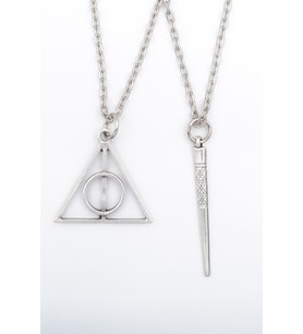 2'li Harry Potter Ölüm Yadigarları Üçgen - Antik Çubuk Erkek Kadın Kolye Seti 925 Ayar Gümüş Kaplama