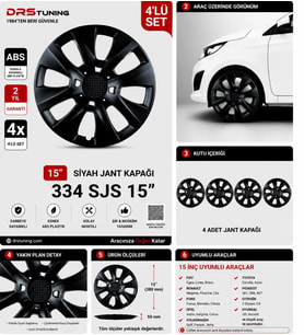 Citroen Uyumlu 15 Inç Kırılmaz Parlak Siyah Jant Kapağı 1 Takım 4 Adet No:334