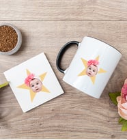 Kişiye Özel Pembe Yıldız Kafa Fotoğraflı Siyah Kupa ve Bardak Altlığı