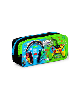 Coral High Kids Siyah Fosforlu Yeşil Kulaklık Game Desenli İki Bölmeli Kalem Çantası 12077