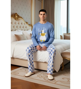Erkek Uzun Kollu Bisiklet Yaka Ordek Baskılı Pijama Takımı Fonksiyonel Dayanıklı Kaliteli Şık