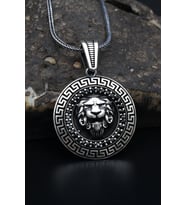 Aslan Figürlü Mikro Taş Süslemeli Grek Desenli 925 Ayar Gümüş Kolye Zincir 901154
